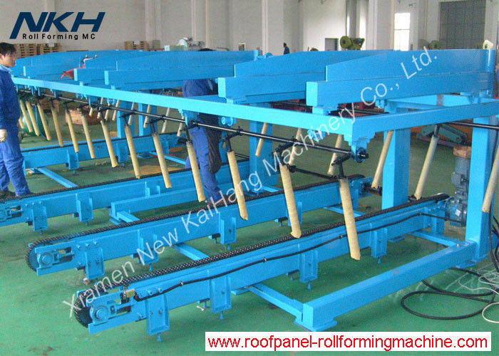 Pneumatic stacker for roofing/ metal decking roll forming machine, single/ dual layer, quick exchange design